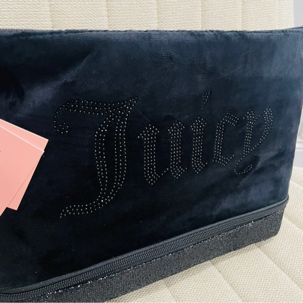 NEW Juicy Couture Black Velour Rhinestone‎ Travel Cosmetic Bag Dual Compartment